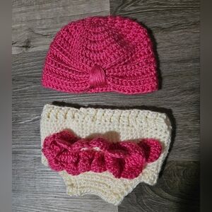 Pink and Cream Knitted Newborn Hat And Bottoms